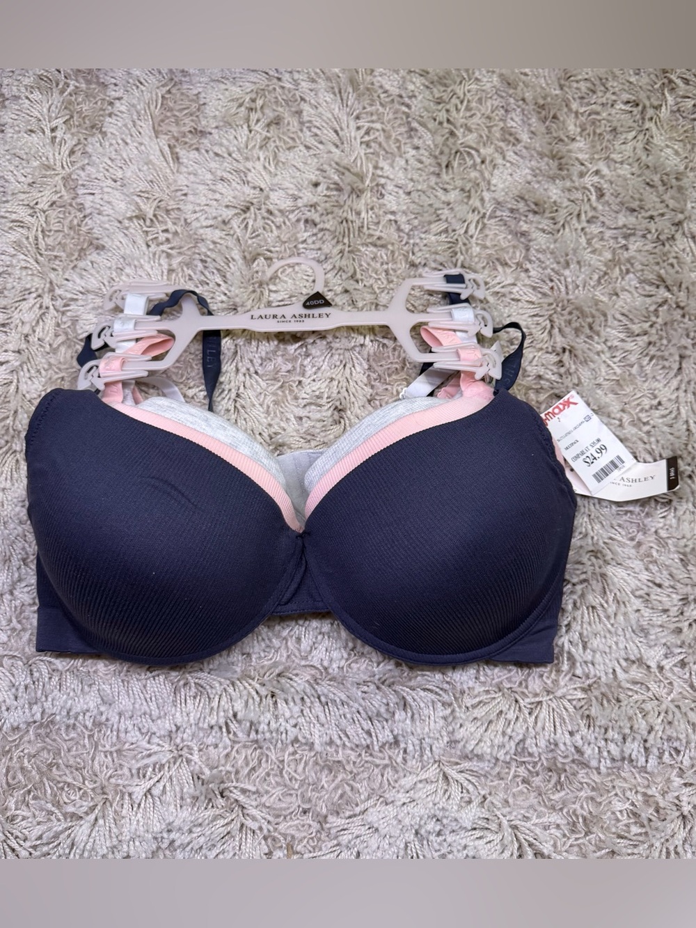 Laura Ashley 3 Pack Bras 40DD NWT Everyday Comfort Molded Cup Navy Pink Gray